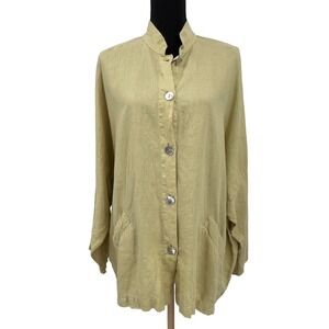 Bryn Walker Women Shirt Linen Green Lagenlook Button Front Tunic Blouse Large